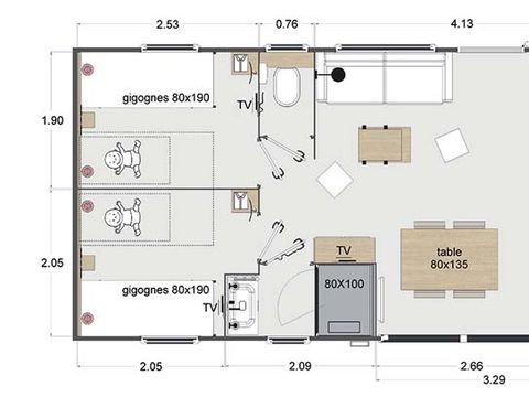 MOBILHOME 6 personnes - Premium 40m² - 3 chambres - 2 salles de bain + Terrasse couverte + Clim réversible + TV