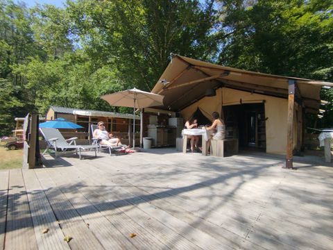 Tente en toile et en bois 4 personnes - Insolite Premium - Tente Bali 2 chambres - avec sanitaire