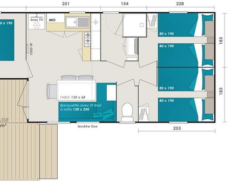 Mobilhome 6 personnes - Loggia - 3 chambres - Terrasse couverte et pouvant se fermer grâce aux baies coulissantes