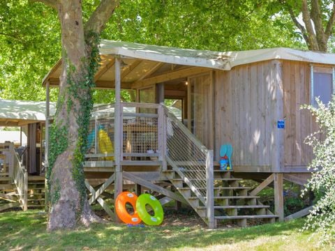 TENTE TOILE ET BOIS 4 personnes - Cabane Lodge Cosyflower PREMIUM 38m² (2 chambres) dont terrasse couverte 10m² + TV + draps inclus