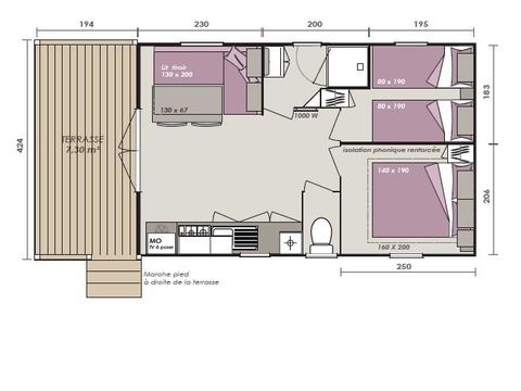 Mobilhome 4 personnes - Mobil-Home ROMARIN Confort 32m² (2 chambres)+ - terrasse couverte 8 m² - TV + Climatisation 1/5 pers