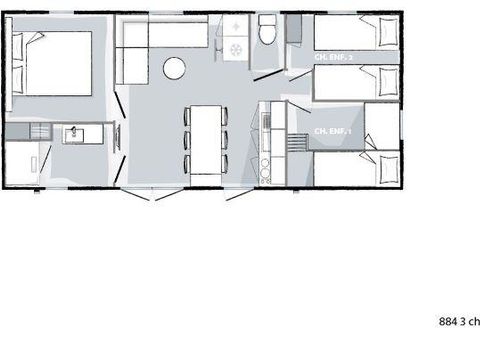 Mobilhome 6 personnes - Mobil-home LAURIER ROSE Premium (3 chambres) 33m2 - terrasse couverte 19m2+ LV + TV + Climatisation 1/7 pers