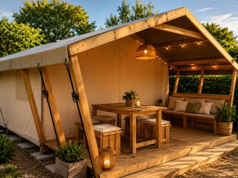 Tente en toile et en bois 5 personnes - Tente Lodge 2ch 5 pers