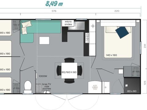 MOBILHOME 7 personnes - Mobil-home confort 34 m2 (3ch-6/7 pers) + terrasse 6/7 pers