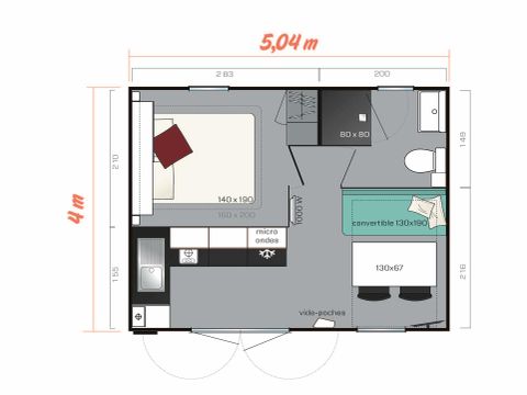 Mobilhome 2 personnes - Confort 20m² - 1 chambre-2 - Pers - TV - Terrasse)