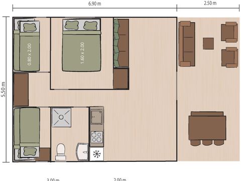 Tente en toile et en bois 5 personnes - Valkanela - Tente Safari Bella Vista + sanitaires + air conditionné (8P)