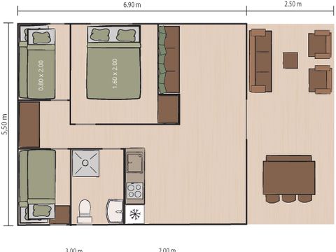 Tente en toile et en bois 5 personnes - Valkanela - Tente Safari Bella Vista + sanitaires + air conditionné (8P)