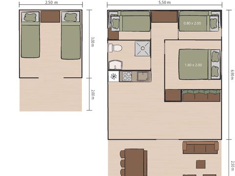TENTE TOILE ET BOIS 6 personnes - Valkanela - Tente Safari Bella Vista + sanitaires + air conditionné (8P)