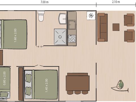 Tente en toile et en bois 5 personnes - Valkanela - Tente safari + sanitaires + climatisation (6P)