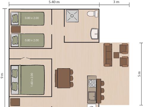 Tente en toile et en bois 5 personnes - Valkanela - Tente Safari Bella Lodge + sanitaires + air conditionné (6P)
