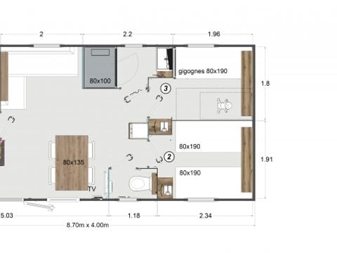 MOBILHOME 6 personnes - riviera Confort 32m² - 3 chambres + Terrasse + TV + Climatisation