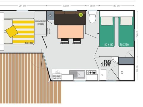 MOBILHOME 4 personnes - Cottage 2 chambres - 22 m² - 4 personnes (2 adultes max) - Animaux non acceptés.  Terrasse 7 m² 