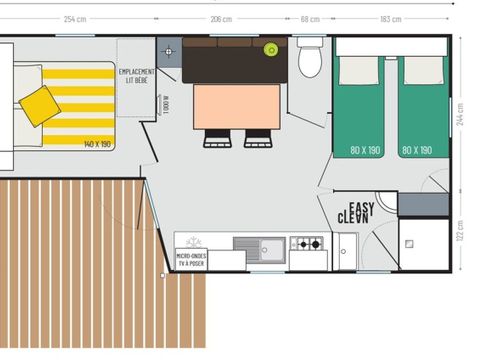 Mobilhome 4 personnes - Cottage 2 chambres - 22 m² - 4 personnes (2 adultes max) - Animaux non acceptés. Terrasse 7 m²