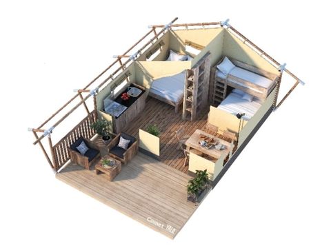 Tente en toile et en bois 5 personnes - Tente Lodge COCOONING 2 Chambres sans sanitaires