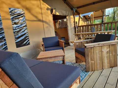 Tente en toile et en bois 6 personnes - Tente safari 6p avec sanitaires