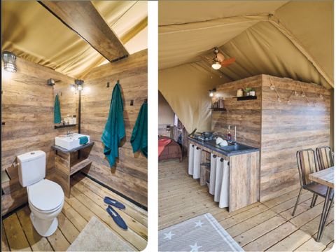 TENTE TOILE ET BOIS 5 personnes - Lodge Kenya Evasion Confort 34m² - 2 chambres 2/5 personnes (avec sanitaires) + Terrasse 5 pers.