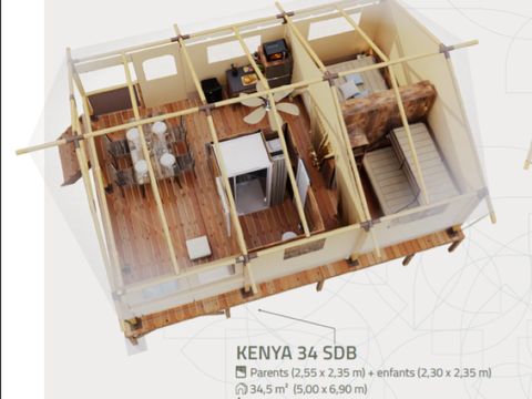 TENTE TOILE ET BOIS 5 personnes - Lodge Kenya Evasion Confort 34m² - 2 chambres 2/5 personnes (avec sanitaires) + Terrasse 5 pers.