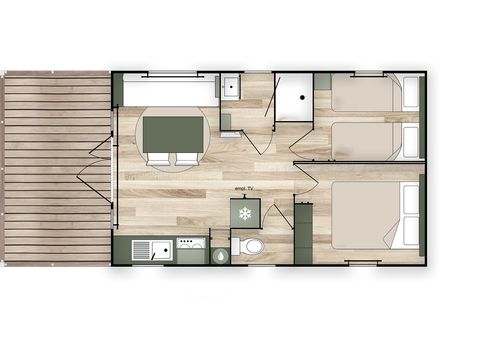 MOBILHOME 4 personnes - COTTAGE Premium 2ch   29m² 2 chambres + TV + Lave-vaisselle + climatisation + plancha + terrasse XL