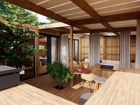 MOBILHOME 5 personnes - Cabane Spa Premium 33m² (2 chambres) + terrasse couverte + TV + LV + Plancha + Draps + Serviettes