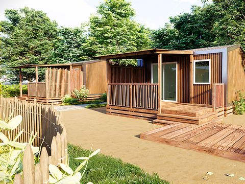 MOBILHOME 2 personnes - Cottage Premium 18m² (1 chambre) + terrasse couverte + LV + TV + Draps + serviettes