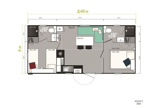 Mobilhome 4 personnes - Mobil-home Premium 34 m² - 2 chambres + 2 salles de bains + terrasse semi-couverte + spa privatif