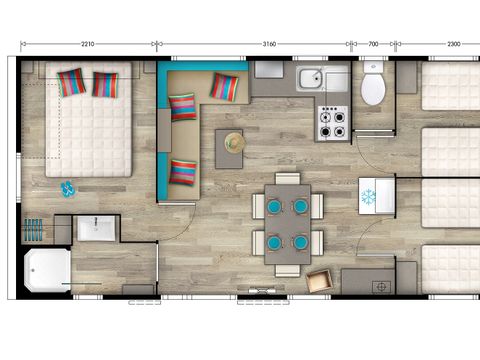 MOBILHOME 6 personnes - Confort 35m² - 3 chambres + terrasse semi-couverte + TV