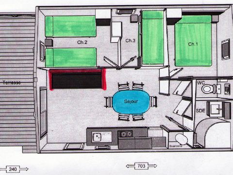 CHALET 6 personnes - Chalet 35m² (3 chambres) avec terrasse couverte 6 pers