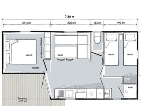 MOBILHOME 4 personnes - Classique - 25m² - 2 chambres - terrasse semi-couverte coté