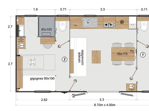 MOBILHOME 4 personnes - Premium 2 chambres 32m² + Terrasse semi-couverte  + 2 salles de bain