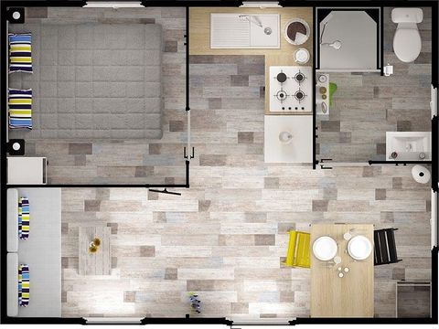 Mobilhome 2 personnes - Confort 21m² 1 chambre + terrasse semi-couverte 12m² + TV + Climatisation