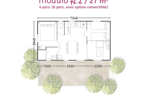 Mobilhome 4/6 personnes - "BAHIA - MODULO Confort +" - 27m² - 2 chambres - Terrasse couverte