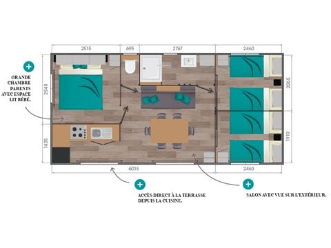 MOBILHOME 6 personnes - Confort 34m² (3 chambres) + Terrasse + TV + lave-vaisselle