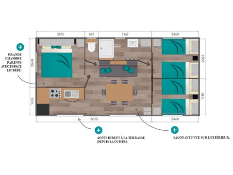 MOBILHOME 6 personnes - Confort 34m² (3 chambres) + Terrasse + TV + lave-vaisselle