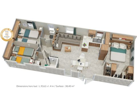 MOBILHOME 6 personnes - Premium 40m² (3 chambres) - 2 salles de bain + Terrasse + TV + lave-vaisselle