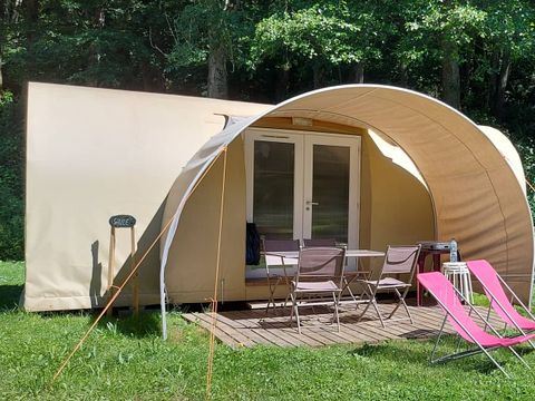 Tente en toile et en bois 4 personnes - Coco Sweet 16m² - 2 chambres (sans sanitaire) + terrasse semi-couverte 6m² 1/4 pers