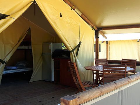 Tente en toile et en bois 5 personnes - Ecolodge Freeflower confort 2 chambres 30m² - sans sanitaires 5 pers
