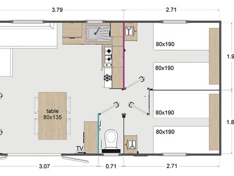 Mobilhome 6 personnes - 3 chambres - Clim - TV