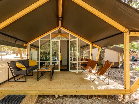 Tente en toile et en bois 5 personnes - Porto Sole - Tente Safari Bella Vista + air conditionné (5P)
