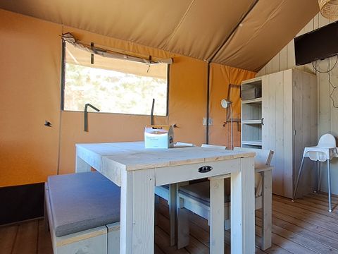 Tente en toile et en bois 6 personnes - Tente Lodge Prestige Plus - 2 chambres - 1SDB - 35m²