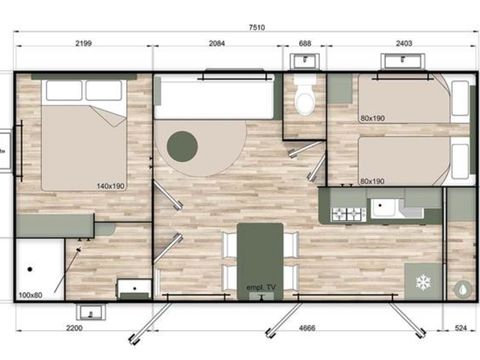 Mobilhome 4 personnes - Nest29 30,8 m²- 2 chambres + Terrasse couverte + TV
