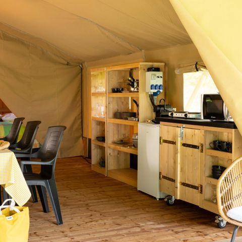 Tente en toile et en bois 4 personnes - Safari Lodge - 2 chambres + Frigidaire + Terrasse