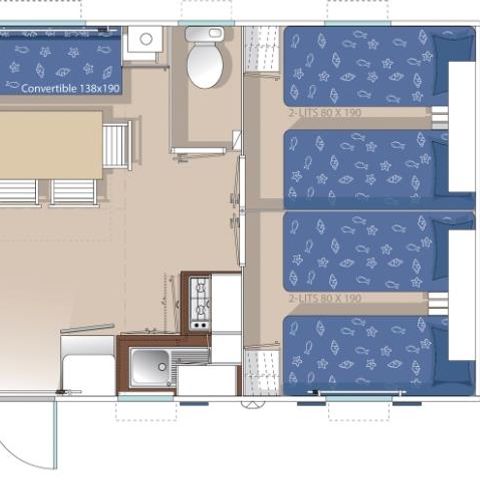 Mobilheim 6 Personen - COSY-CLIM 3 Schlafzimmer (Klimaanlage - TV - Terrasse 12m² - Fläche 32m²)