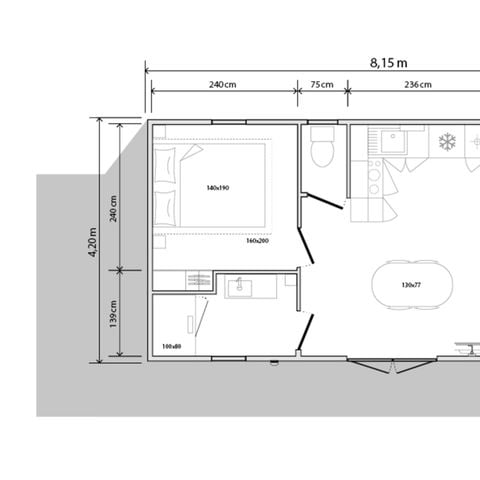 Stacaravan 4 personen - Premium 30m² 2 kamers + halfoverdekt terras 24m² - TV - Airconditioning 4 pers