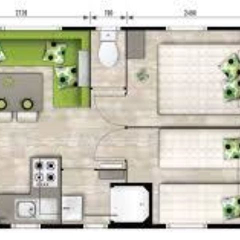 Mobilheim 2 personen - Premium mit SPA mit Ausblick 27m² (1 Schlafz. - 2 Pers.) + halboffene Terrasse 10 m² + TV 2 pers.