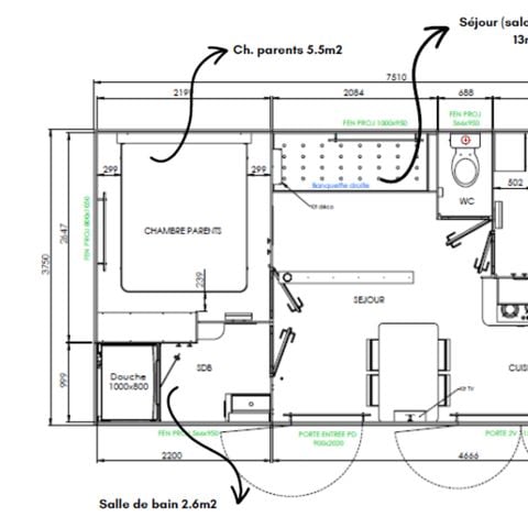 Mobilhome 4 personas - Homeflower Premium 26,5m² - 2 habitaciones + terraza + TV + lavavajillas + Aire acondicionado + Ropa de cama + Toallas
