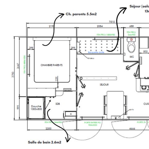 MOBILHOME 6 personnes - Homeflower Premium 30,50m² - 3 chambres + terrasse + TV + lave-vaisselle + Draps + Serviettes + Clim
