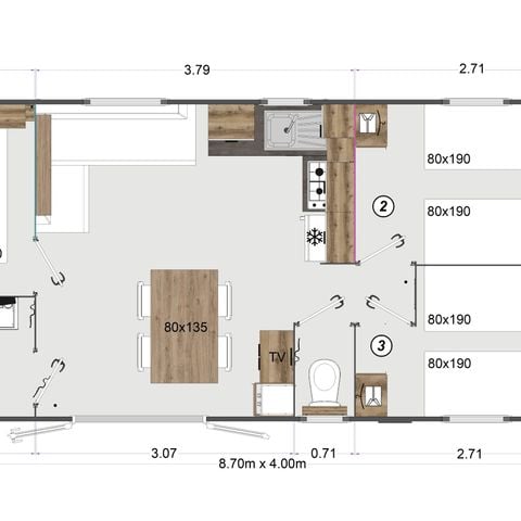 Stacaravan 6/8 personen - Premium+ 35 m² - Airconditioning - 3 slaapkamers - Mooi terras