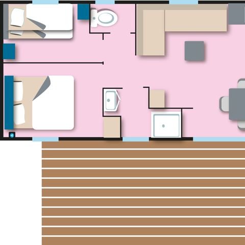 Stacaravan 8 personen - Cottage Quatro - 4 slaapkamers : 39 m² + 15 m² halfoverdekt terras