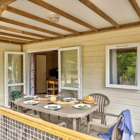 Chalet 7 personnes - Cottage Family - 3 chambres - PREMIUM - 32m²-Roselune-Clim-TV-lave-vaiss.-plancha-terrasse - XXL couverte