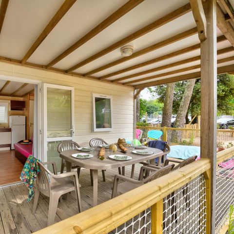 Chalet 7 personnes - Cottage Family - 3 chambres - PREMIUM - 32m²-Roselune-Clim-TV-lave-vaiss.-plancha-terrasse - XXL couverte